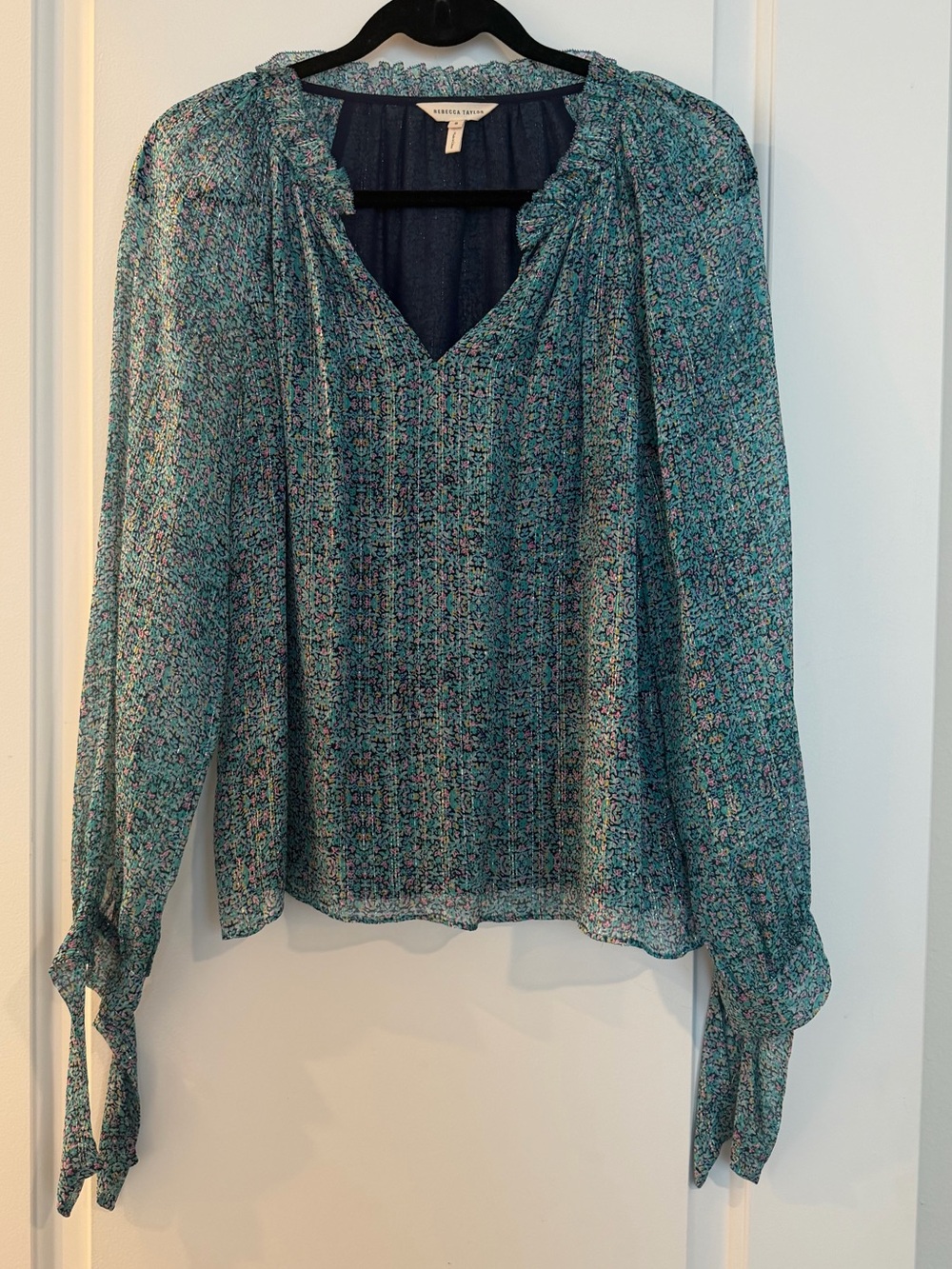 Rebecca Taylor Teal Floral V-Neck Long-Sleeve Blouse